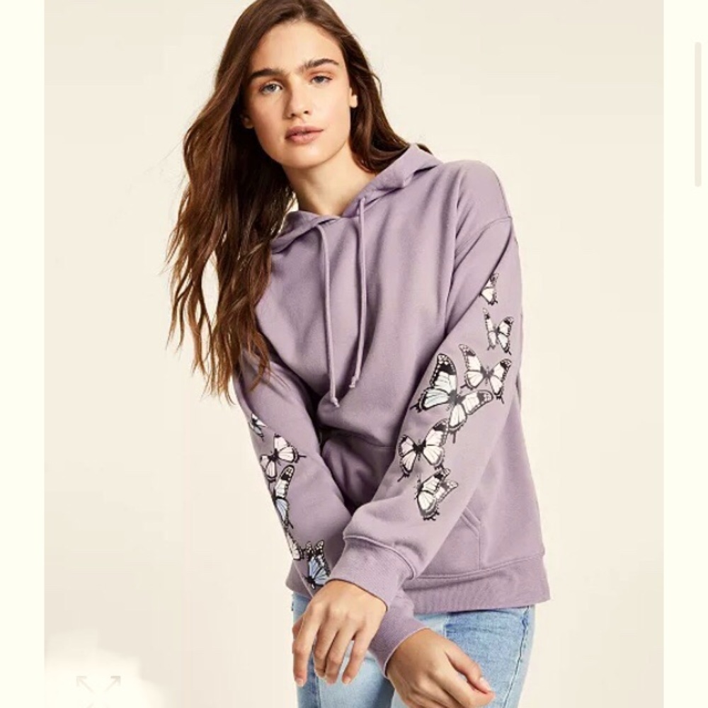 "Rebellious One" purple-grey hoodie with butterfly sleeve graphic -junior L